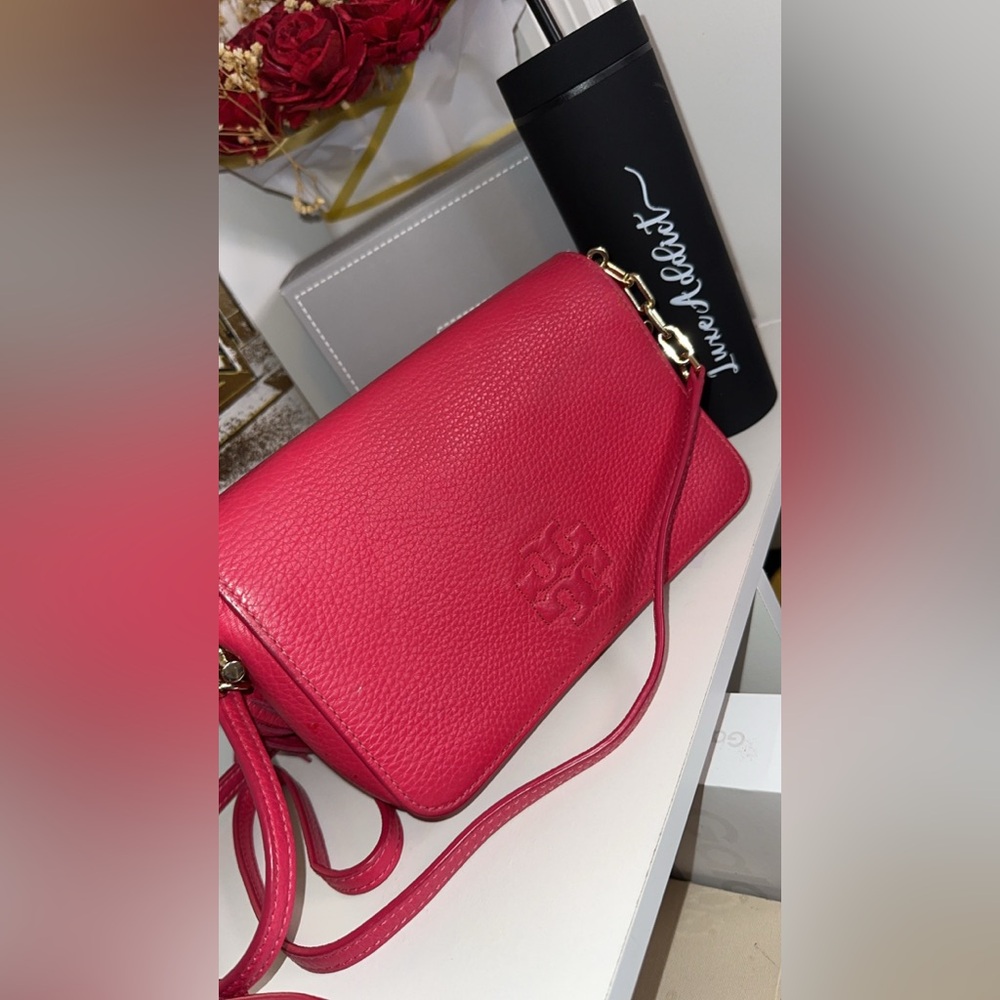 Tory Burch mini Thea Pink Pebbled Leather Crossbody Bag